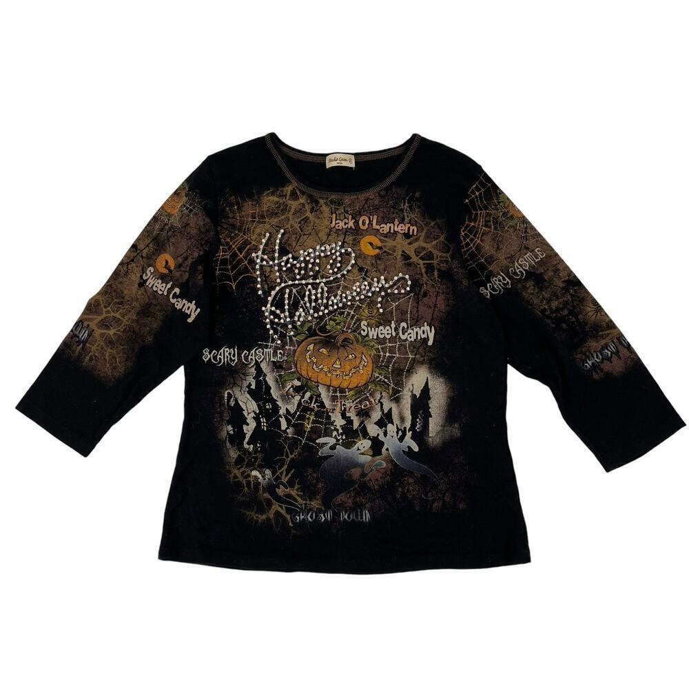 Vintage Y2K Halloween Studio Gem Top Pumpkin Rhinestone Spooky Large